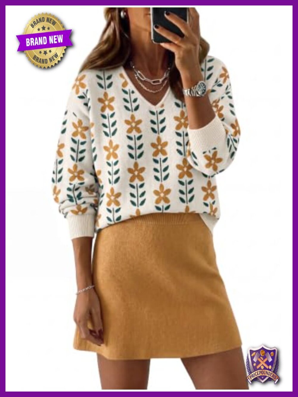 Womens 2 Piece Knit Sweater Skirt Set V Neck Pullover Printed
